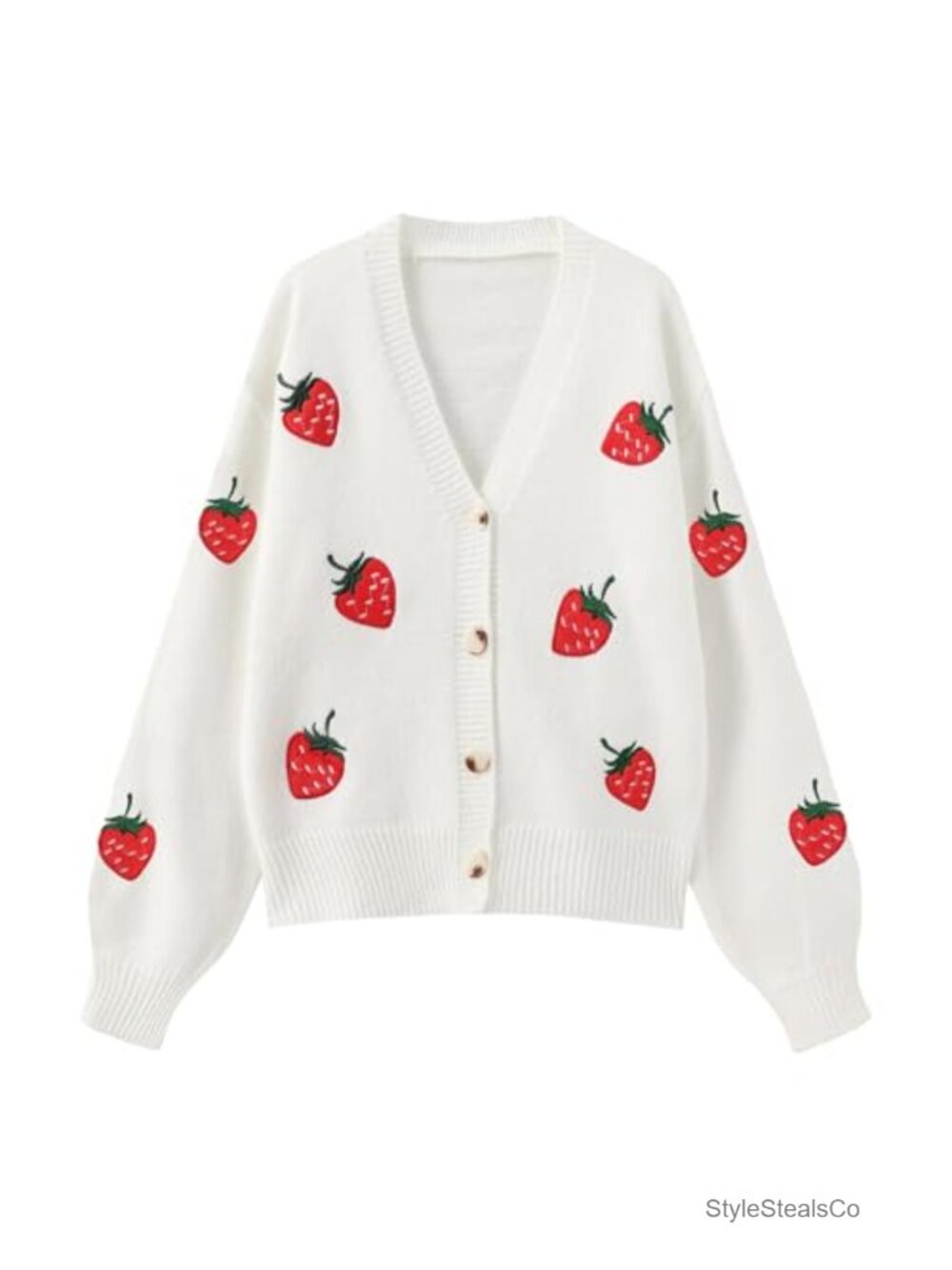 Embroidered Strawberry Cardigan Button Down V-Neck Long Sleeve